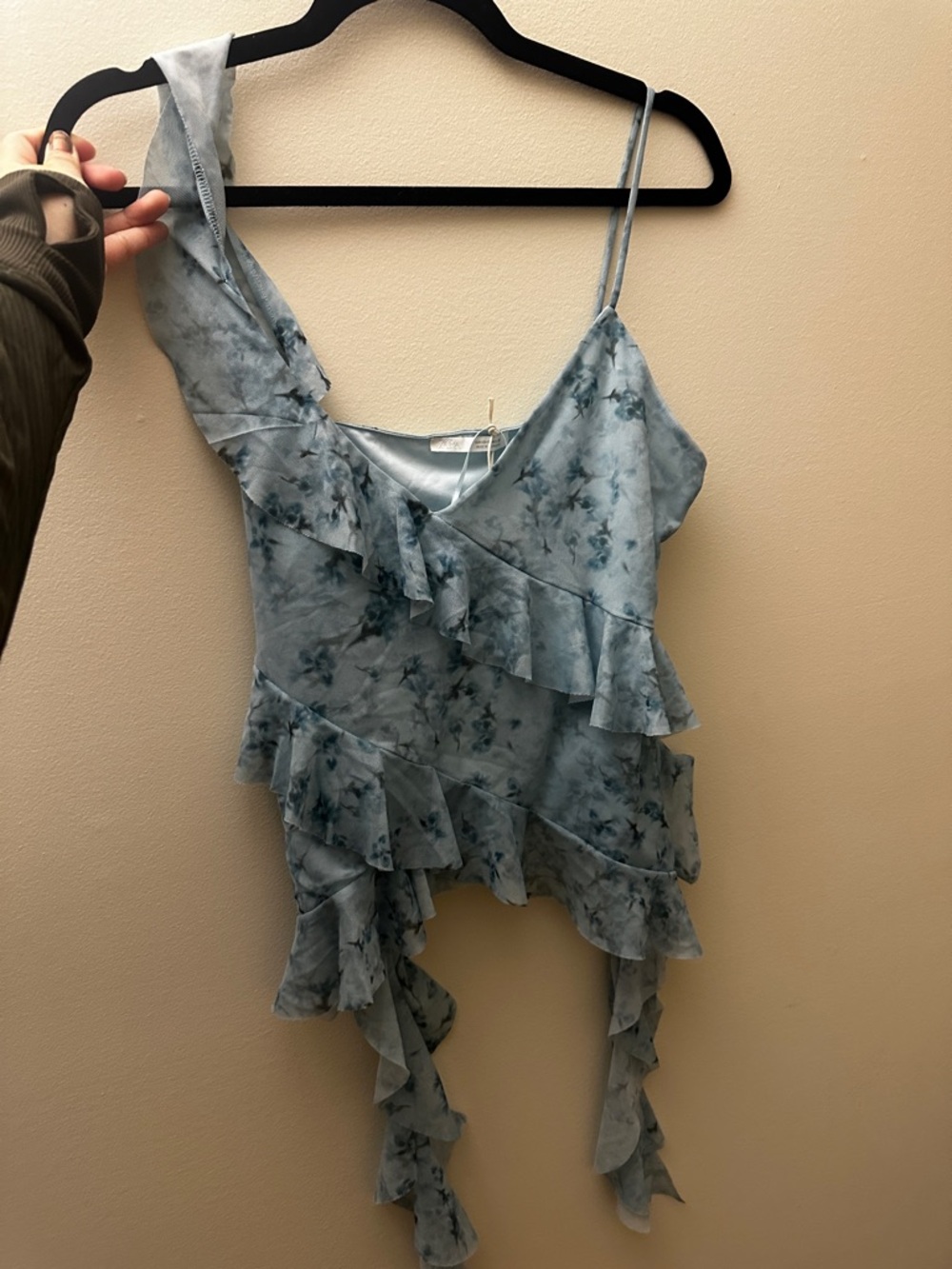 Zara Blue Floral Print Ruffle Asymmetric Cami Top